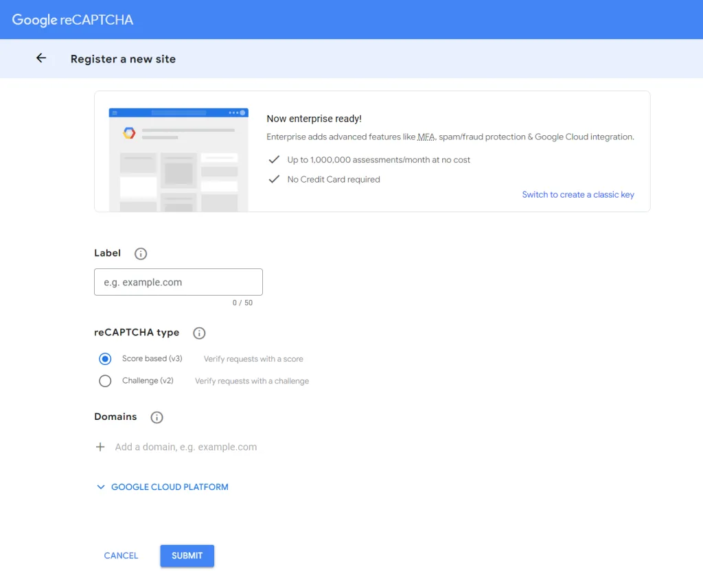 Get Google reCaptcha keys