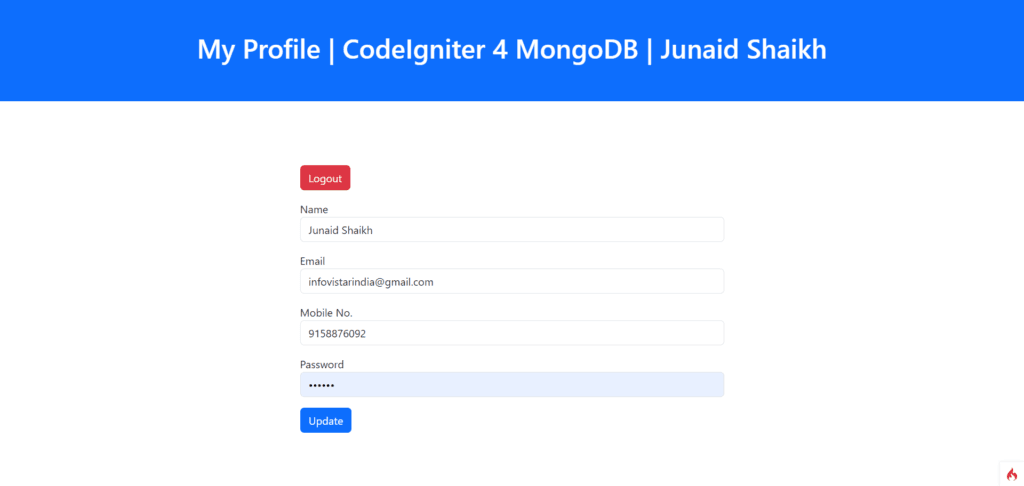 My Profile CodeIgniter 4 MongoDB Junaid Shaikh